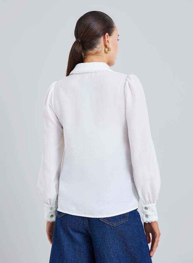 Styli Women Off-White Lace Trim Long Sleeve Shirt - Image 4